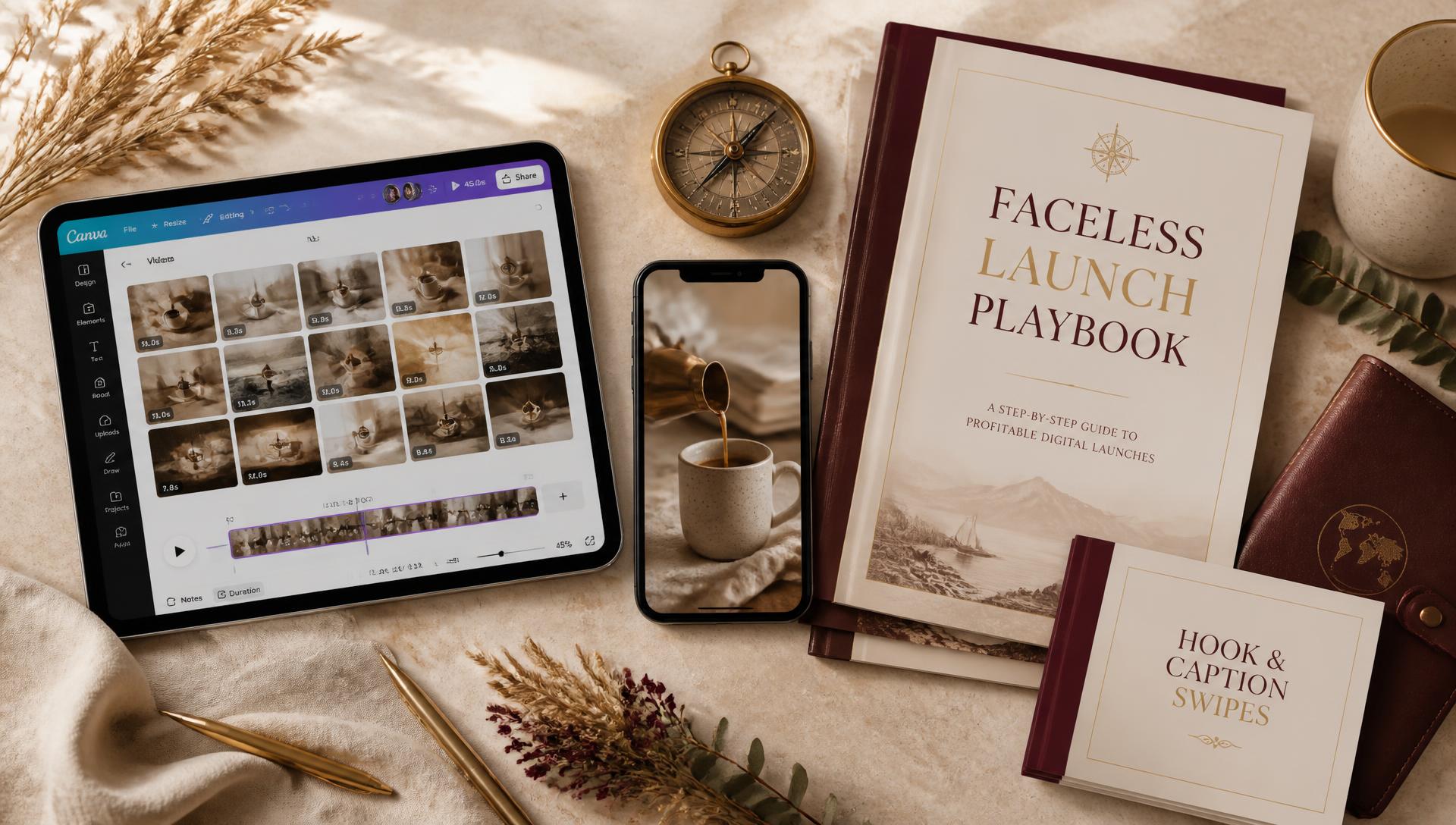 Editorial flat-lay showing the Faceless Content Vault as a real product: iPad with Canva, phone with a reel, printed playbook and hook & caption swipe cards