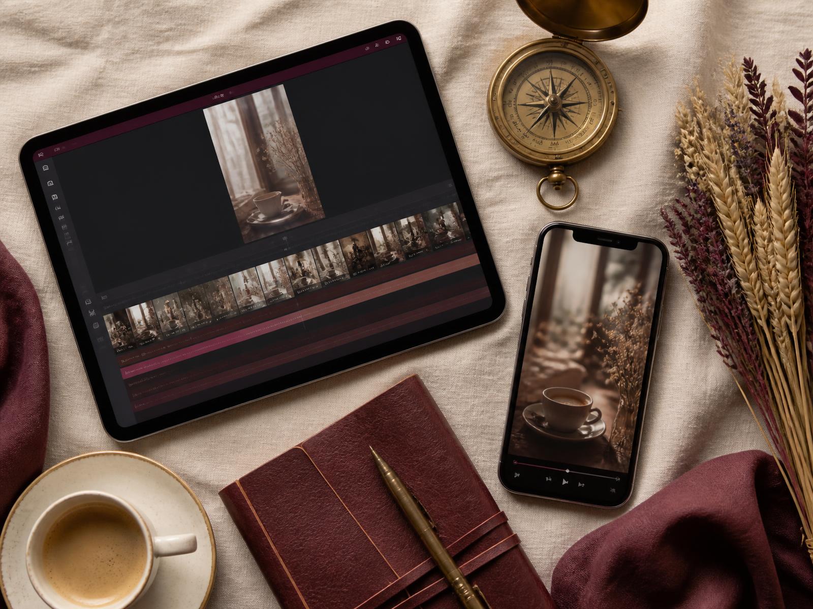 Hands styling faceless content on a laptop with a phone showing a reel, cream and bordeaux flat-lay